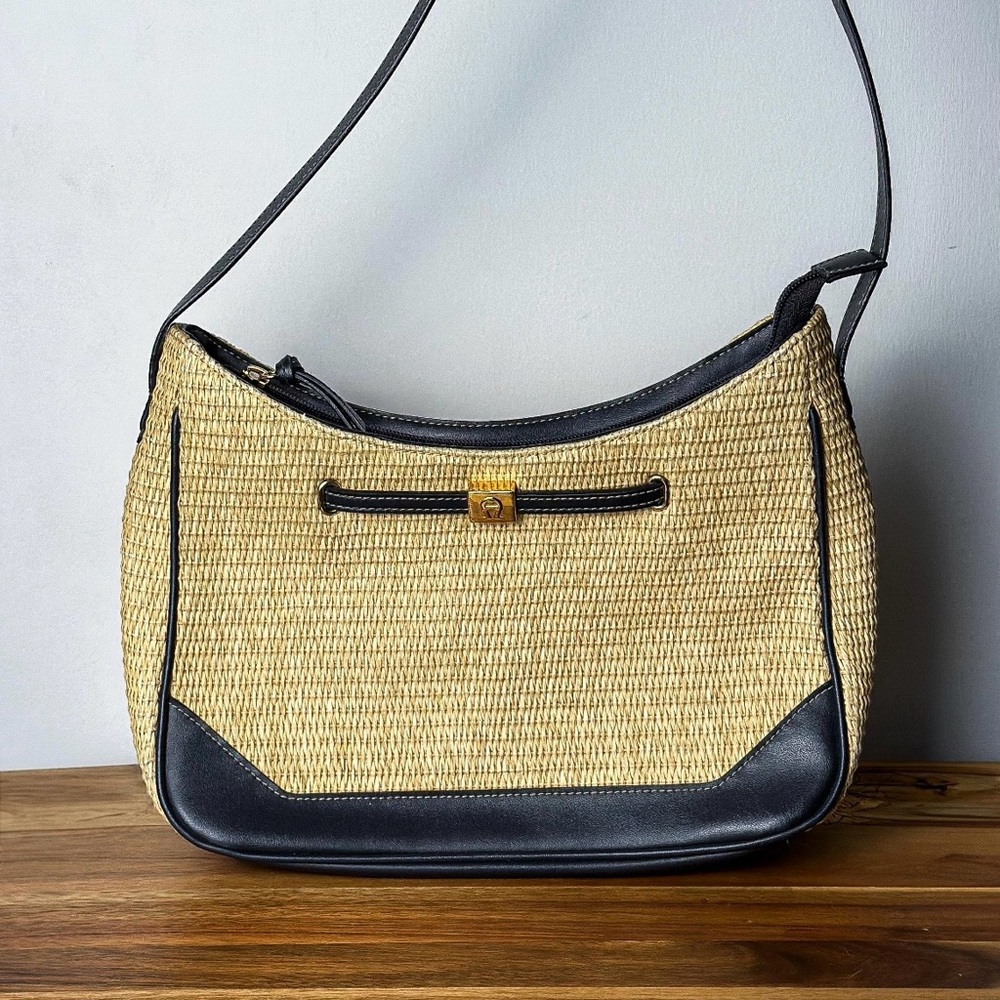 Vintage Etienne Aigner Navy Leather Shoulder Bag: Basketweave Summer Purse - Picture 2 of 7